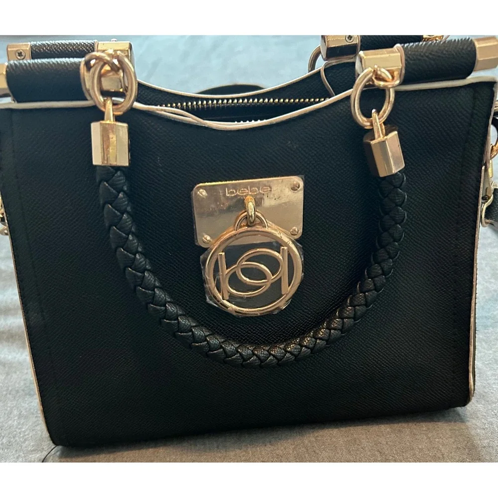 Bebe Black Saffiano Crossbody Satchel Bag Braided Handle Gold Logo Medallion
